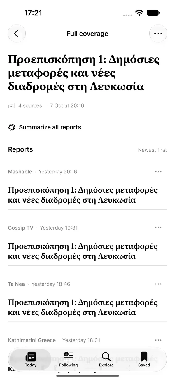 The Full coverage screen listing reports from four publishers.