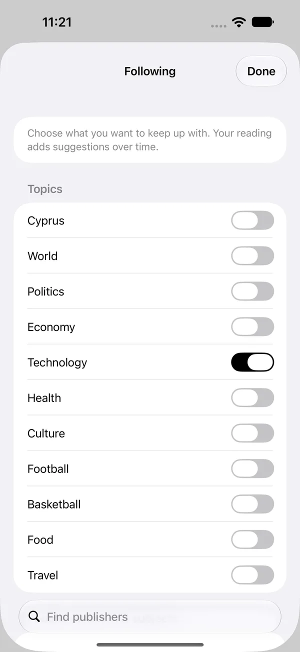 The Following screen with a list of topics and switches.