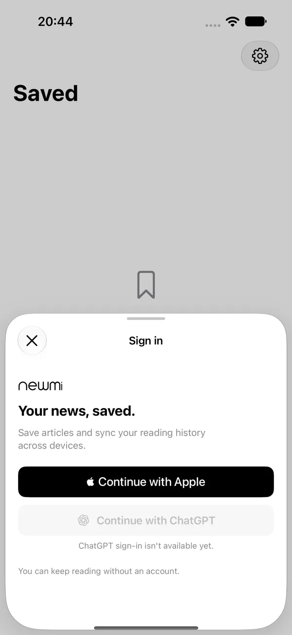 The sign-in sheet with Continue with Apple and a disabled Continue with ChatGPT button.
