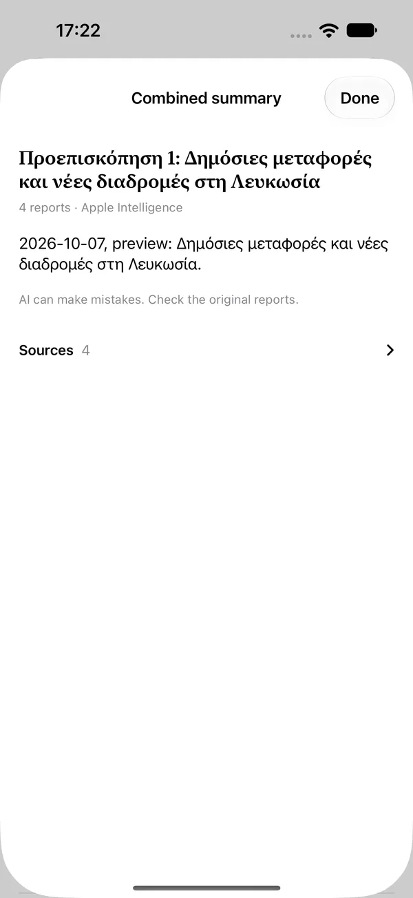 A combined summary of four reports with a source list.